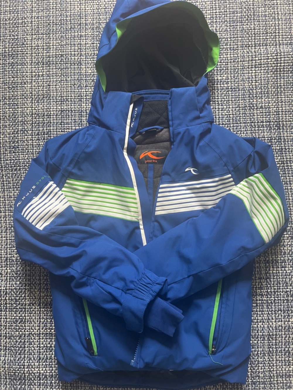 Blue Kid's premium Ski Jacket with Green & White Stripe Accents - KJUS